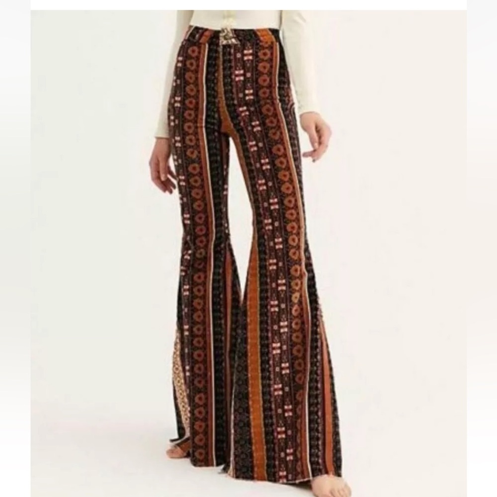 Free People Just Float On Flare Jean Corduroy Print Stripe Black Brown Tan - Picture 1 of 6